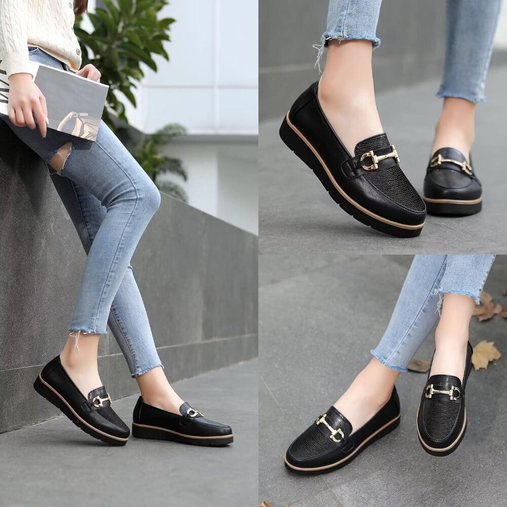 Women's Leather Loafers Casual Flats Slip-On Comfortable Work Shoes - Picture 5 of 7